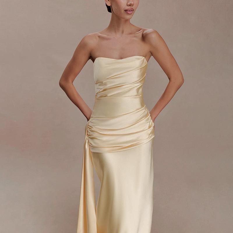 European and American women's clothing summer new satin tube top sexy halter pleated streamer dress hip dress