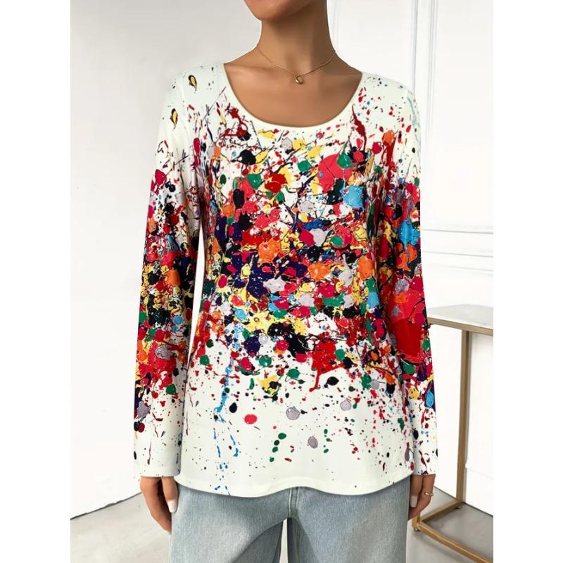 Women's Splatter Print Long - Sleeve T - Shirt, Round Neck, Multicolor Design, Great for Everyday & Fashion - forward Looks