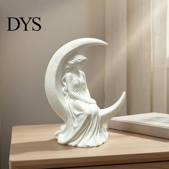 Literary Style Statue Moon Goddess Fairy Figurine, Matte White Sculpture, 3D Printed PLA Bookshelf Ornaments Winged Statue, Mystical Fantasy