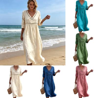 Sommer-Leinenkleid für Damen, Lässiges A-Linien Strand-Fließendes Sommerkleid, Kurzarm V-Ausschnitt Durchbrochene Ösen Langes Kleid