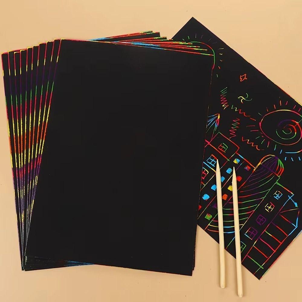 20Pcs 16/32K Scratch Painting Paper with Bamboo Stick Black Drawing Paper DIY Creative Rainbow Magic Graffiti Art Painting Kit