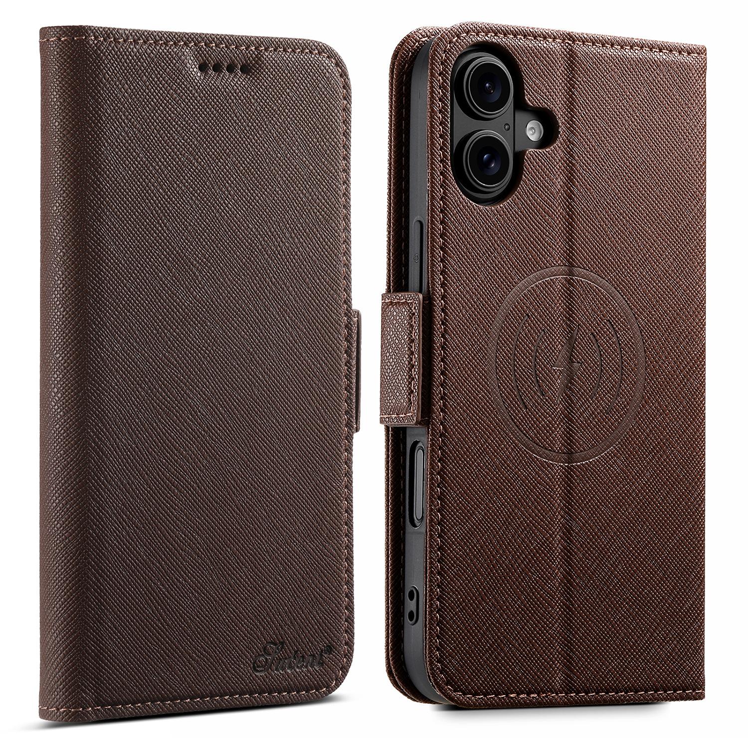 

SUTENI J08 For iPhone 16 Plus Case Compatible with MagSafe Cross Texture Leather Wallet Phone Cover Brown