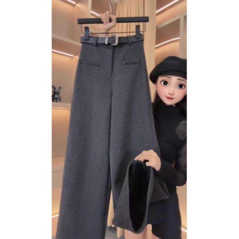 Women's Wool Wide-Leg Pants: Spring/Fall Loose Fit, Straight-Leg, Slimming Pockets with Velvet for Winter.