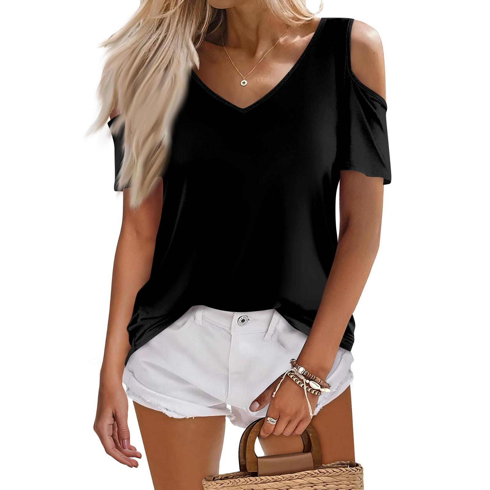 

Жіноча літня модна повсякденна однотонна футболка з V-подібним вирізом і короткими рукавами L чорний