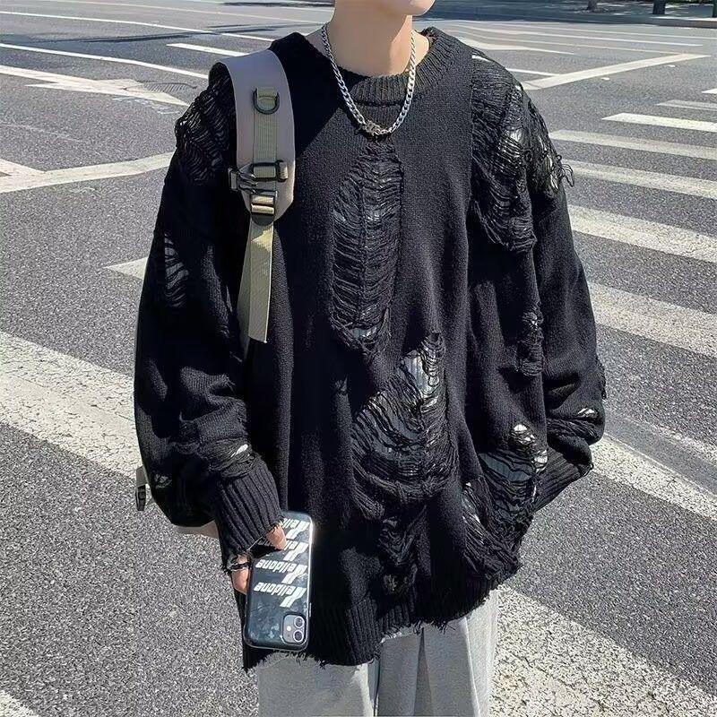 

Unisex Retro Ragged Knit Sweater: Hong Kong Style with Ripped Detailing for Casual, American-Inspired Looks XXXL чорний