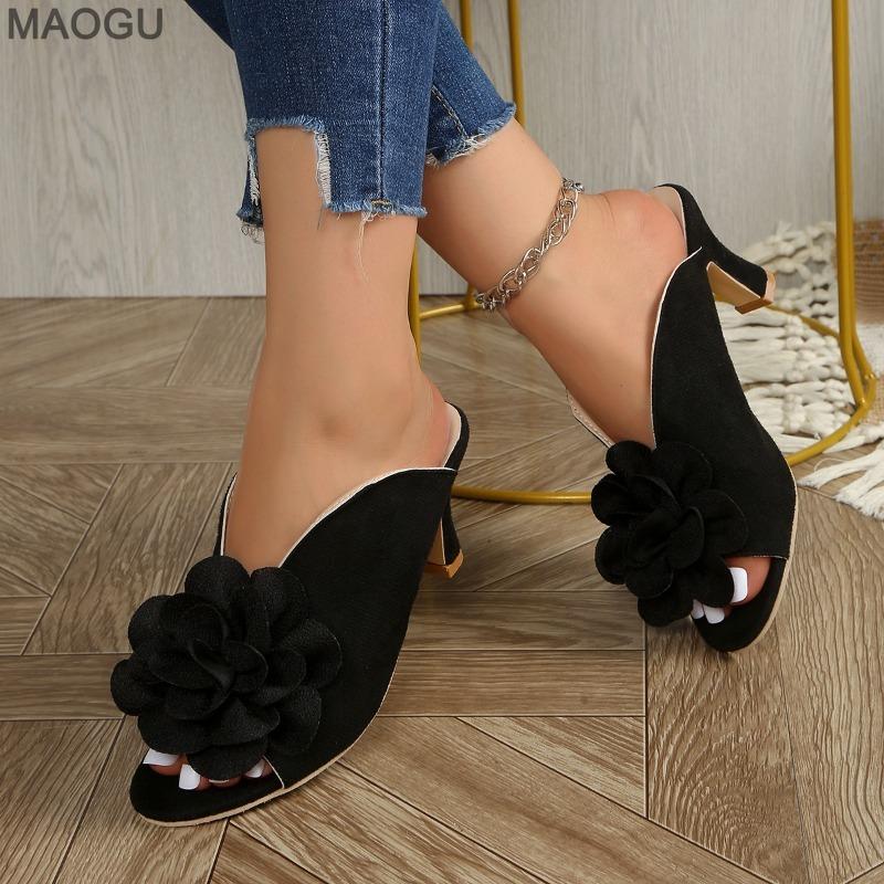 Fashion Floral High Heel Sandals for Women Peep Toe Slip-on Modern Slippers Beige Size 36-43 Sandalias De Mujer Ladies Shoes