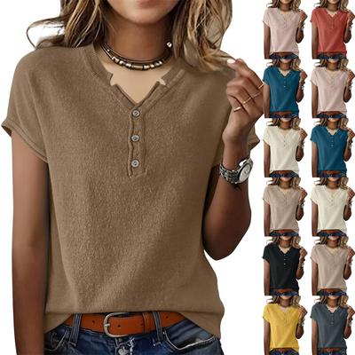 Women's V-neck Loose Button Placket Short Sleeve T-shirt