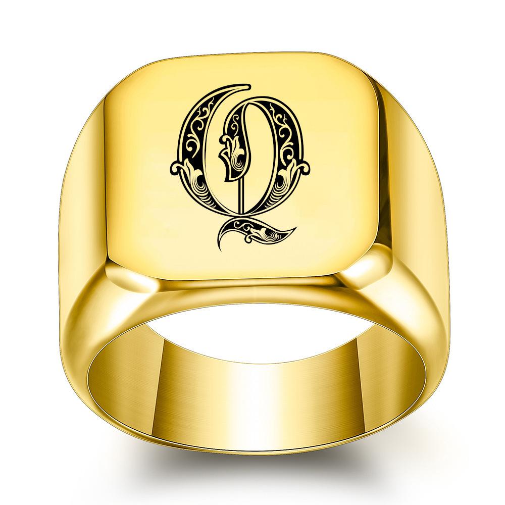 Europe, America 26 personalized English initials titanium steel ring male retro punk square 14MM gold trendy male wholesale