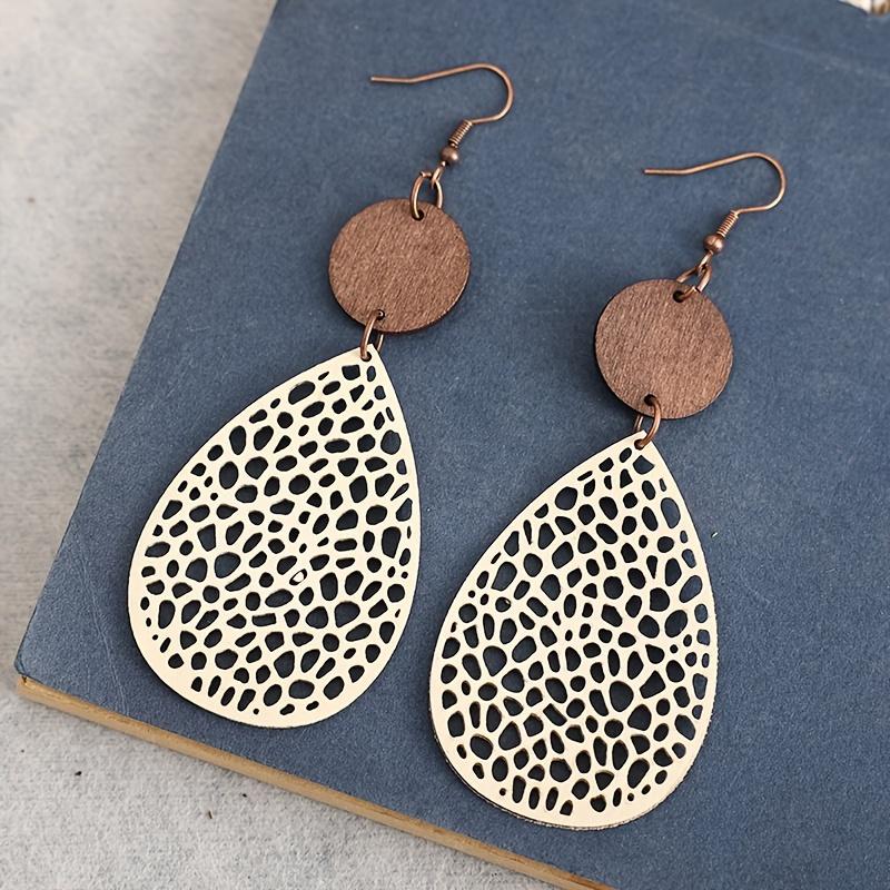 1 Paire d'Attaches d'Oreille Creuses en Forme de Goutte d'Eau Combinaison Cuir Copeaux de Bois Boucles d'Oreilles en Maille
