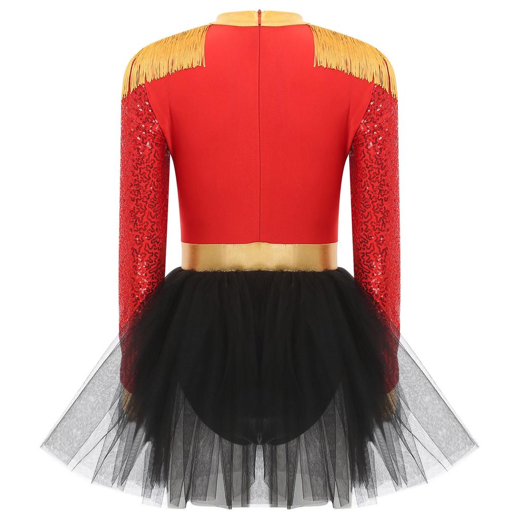 Dámske cirkusové šaty pre krotiteľku zvierat s dlhým rukávom, strapcami na pleciach, lesklými flitrami a sukňovým body. Halloweensky kostým.