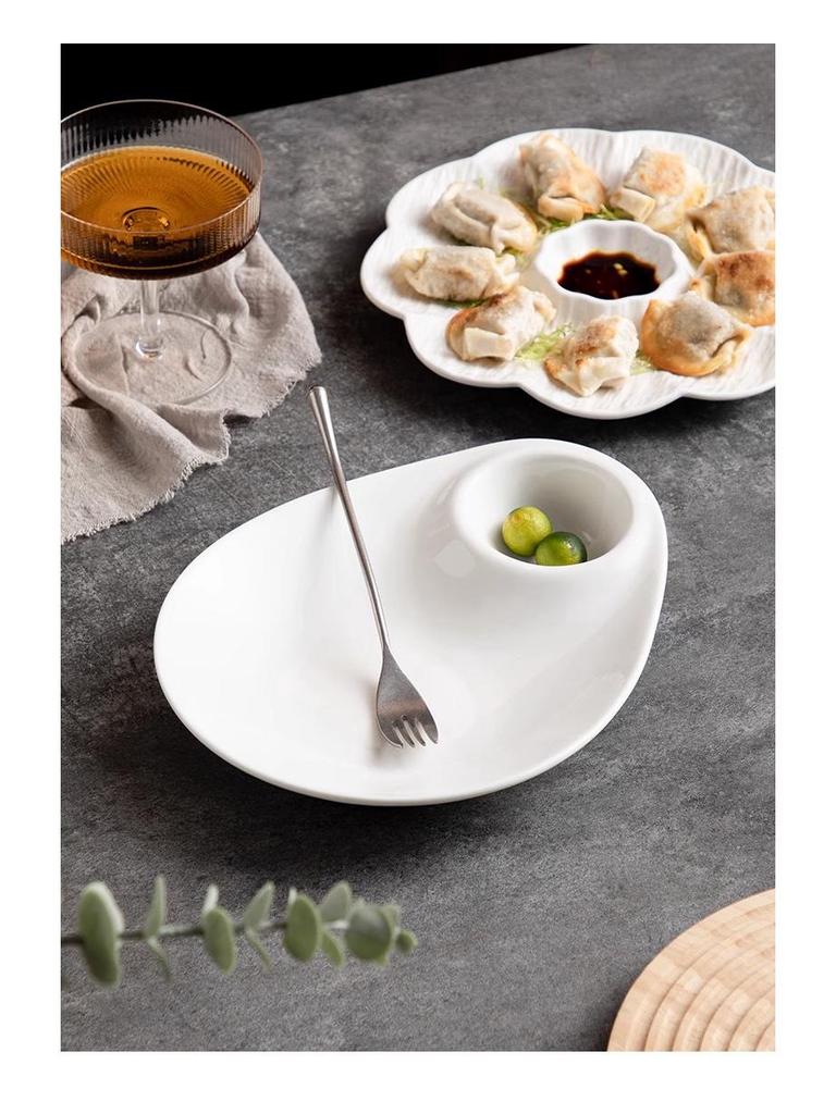 White Ceramic Divided Plate with Vinegar Dish for Dumplings, Shrimp, Breakfast, or Fries