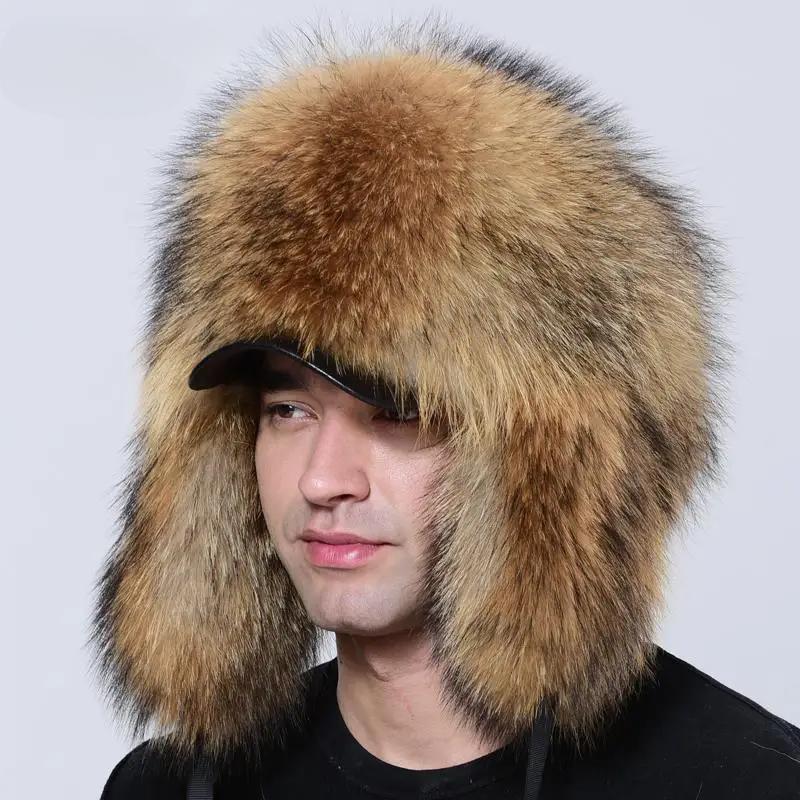 Luxury Men Hat Winter Warm Thick Fluffy Brim Bomber Hat Ushanka Russia Natural Raccoon Fox Fur Trapper Ear Hats
