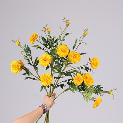 Artificial Marigold 3 Head UV Resistant Fake Silk Flower with Leaves Indoor Outdoor