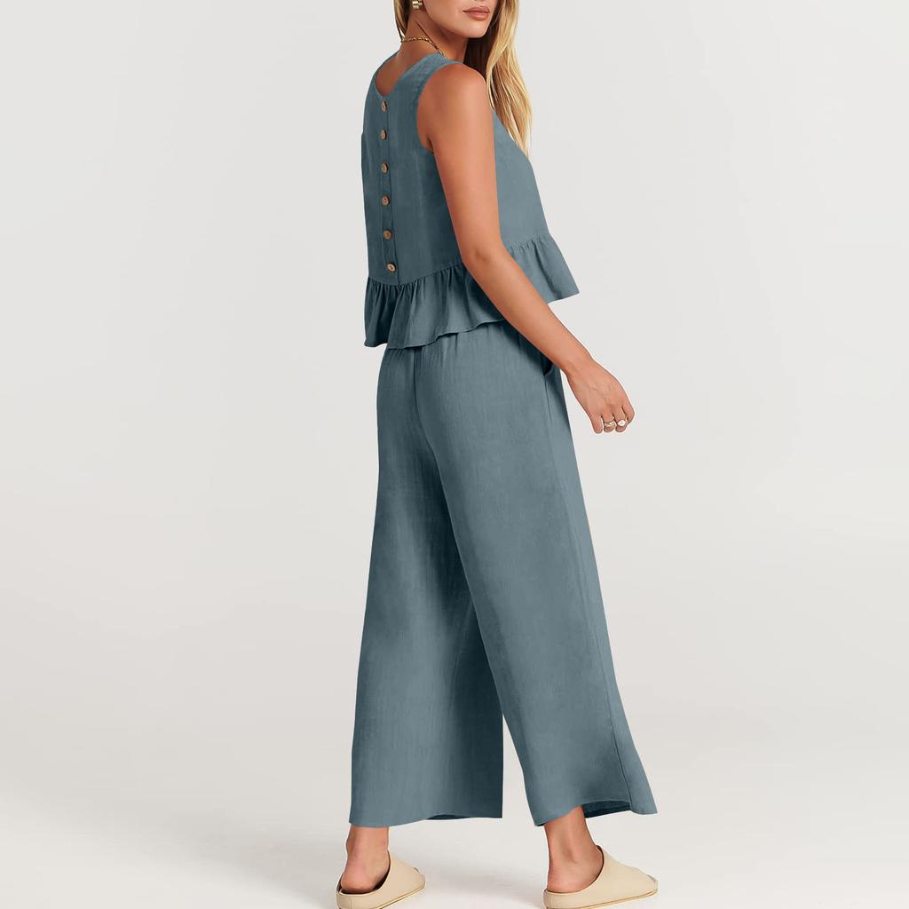 Women's Summer 2-Piece Set Sleeveless Ruffle Tank Top Cropped Top And Wide-Leg Pants Loun-ge Set With Pockets