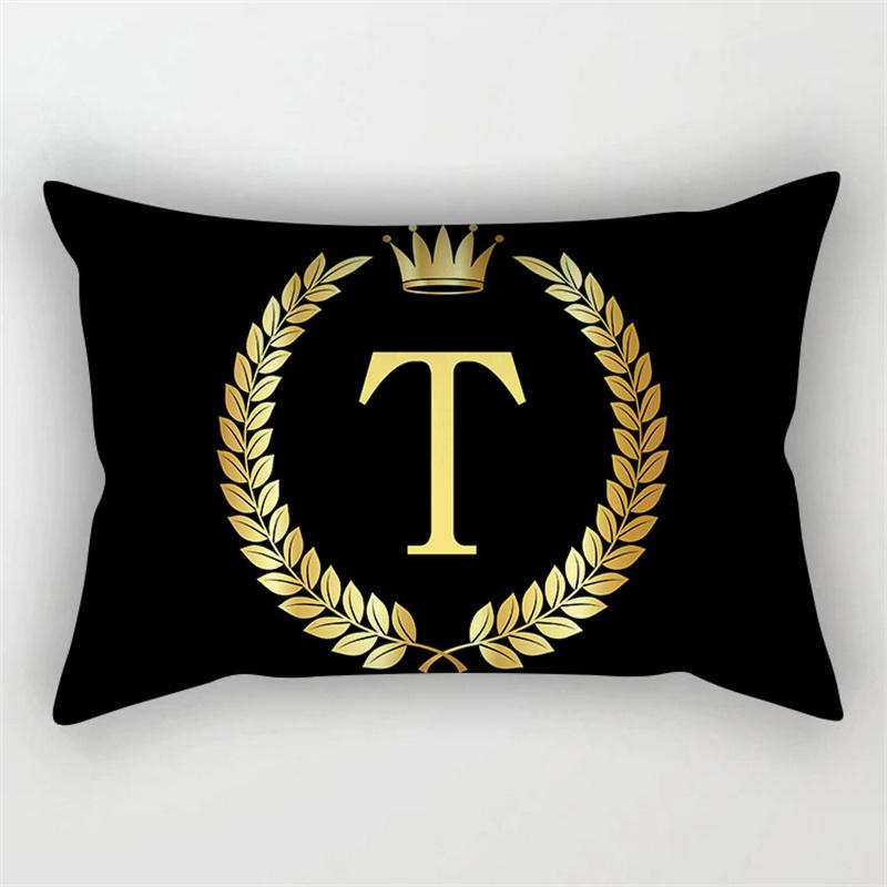 Gold Color Letter Cushion Cover 30x50cm Rectangle Pillow Case Crown Leaves Plant Polyester Black Sofa Pillow Cover Home Decor
