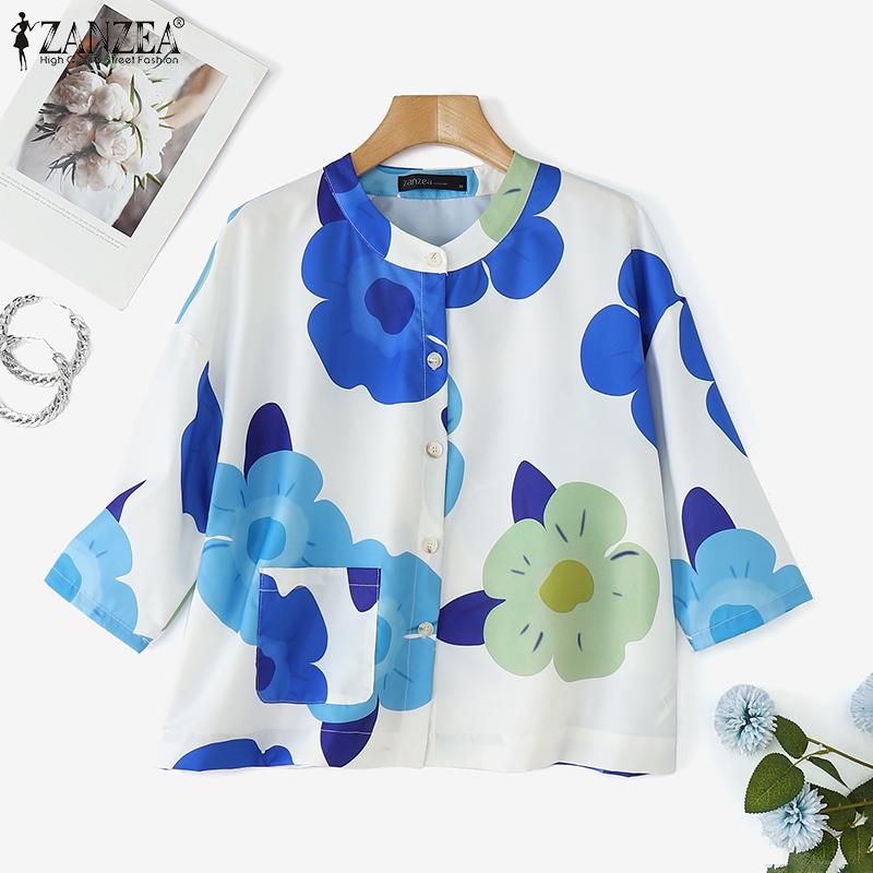 ZANZEA Women Casual Round Neck 3/4 Sleeve Summer Loose Print Blouse