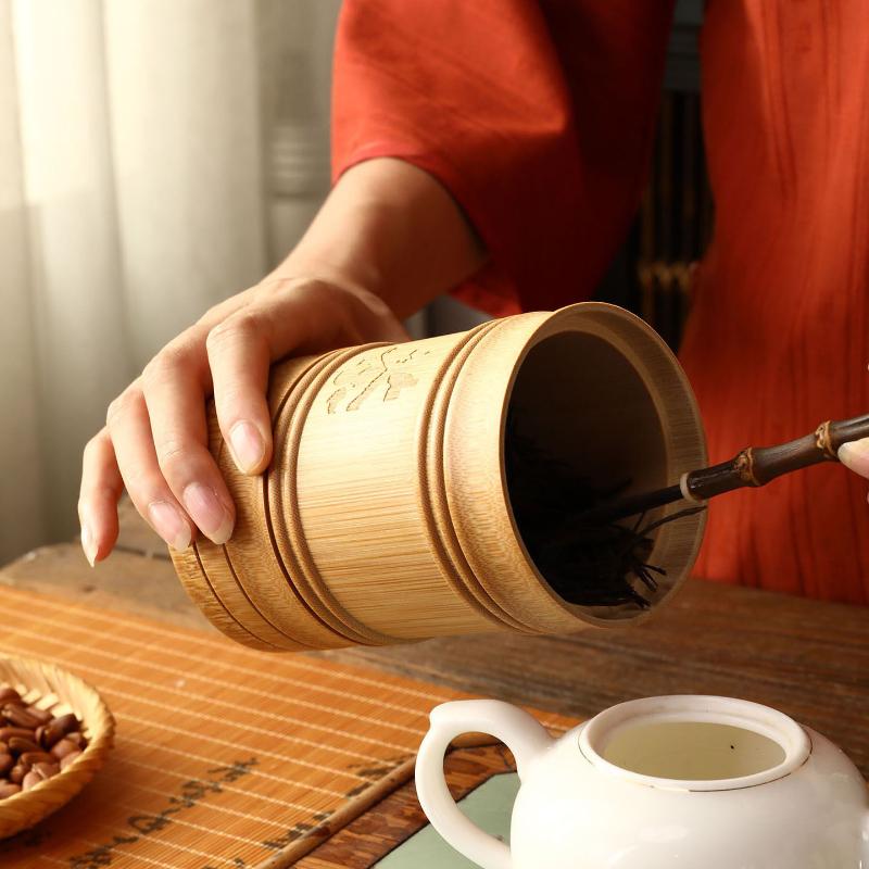 Handmade Bamboo Tea Storage Box Chinese Carved Tea Canister Lid Seal Kitchen Storage Jars Spice Coffee Beans Box Case Organizer