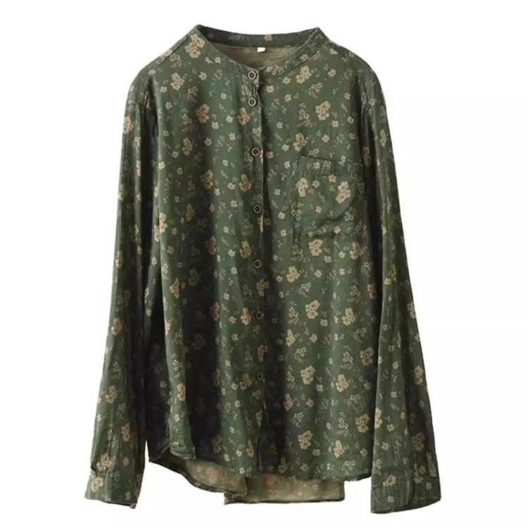 Vintage Floral Print Chinese Style Shirt Loose Long Sleeves Single Breasted Autumn Fashion Women Blouse