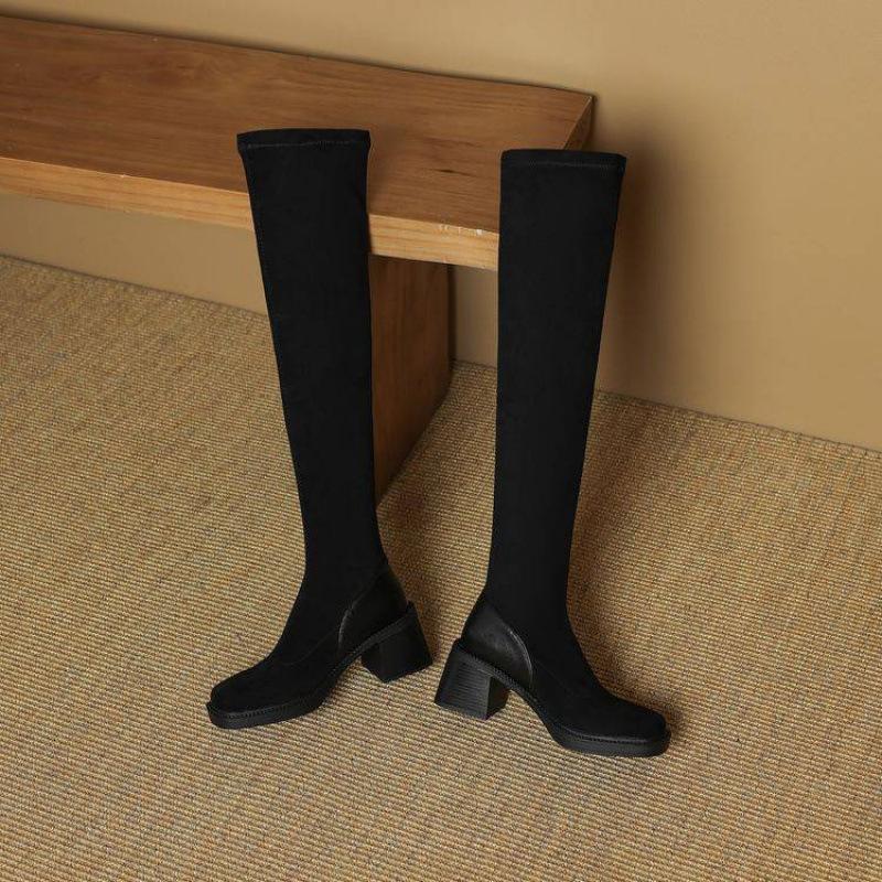 Korean version suede large size women's boots solid color high heel knee boots new square heel sleeve rubber sole square head thin boots
