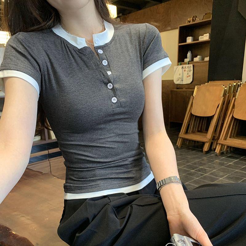

Vintage Grey Color Block Patchwork Short Sleeve T-shirt for Women. S серый