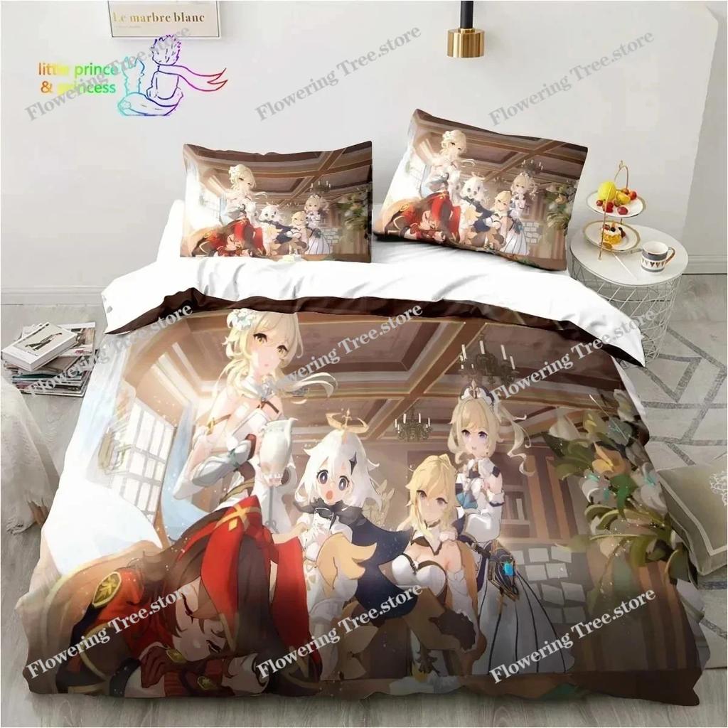 Genshin Impact Anime Printed Bedding Set Single Twin Full Queen King Size Bed Set Adult Kid Bedroom Bedding Gift