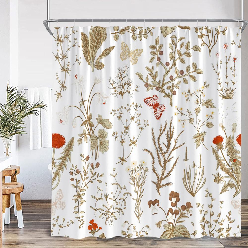 

Vintage Botanical Plant Shower Curtain Sage Green Retro Leaf Herb Flower Butterfly Bathtub Home Decor Polyester Bathroom Curtain W60H190(CM)-1 Pcs