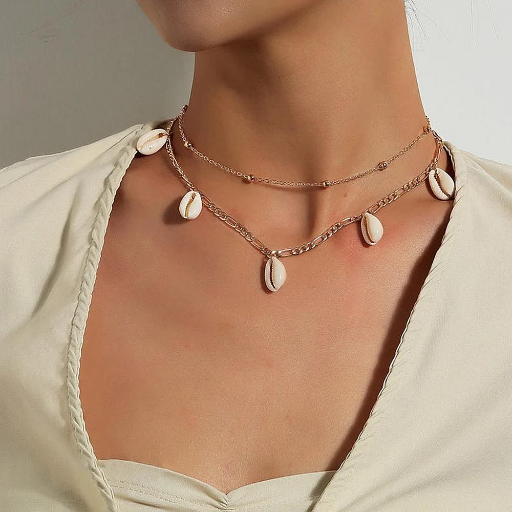 Adjustable Double Necklace Bohemian Metal Round Beads Personalized Versatile Shell Pendant Necklace