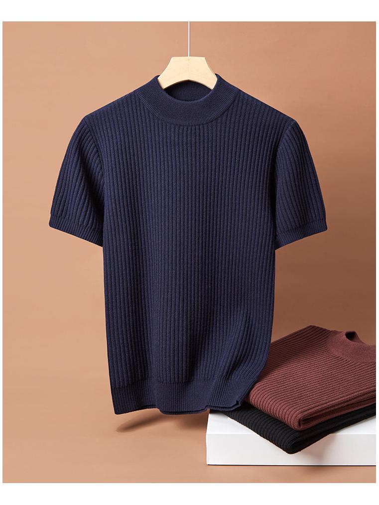 2025 Men's High-End Jacquard Crew Neck Short Sleeve Knitted Sweater – Fashionable & Versatile for Autumn/Winter