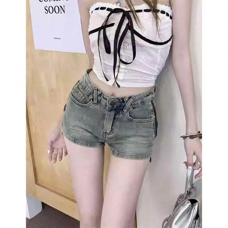 Women's High Waist Retro Denim Shorts with Side Zipper - Summer Thin Design, Spicy Bodycon Fit, Wide Leg Booty Style