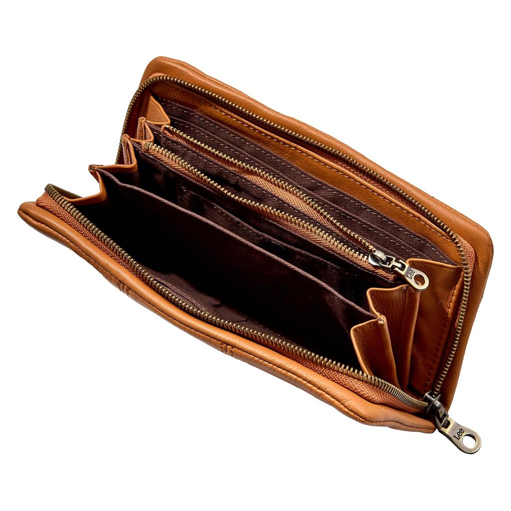 Lee Loose II Holds Electronic and with Cowhide Camel Wallet, Zipper-Around Design, Coins, Cards, Money, Bills, Pocket-Stitched Leather, 320-2114,