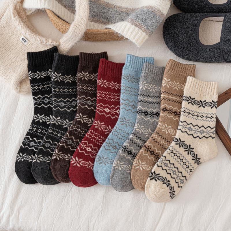 2 Pairs of Autumn-winter Retro Fair Isle Snowflake Wool Socks - Children's Mid-calf Socks, Thick and Warm, Versatile and Suitable for All Occasions.