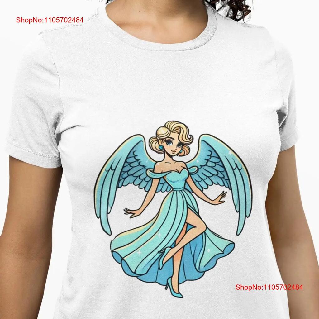 Elegant Angel T Shirt Beautiful Blue Winged Novelty Design Flowing Gown Spiritual Top Unique Apparel vintage Washed Slightly