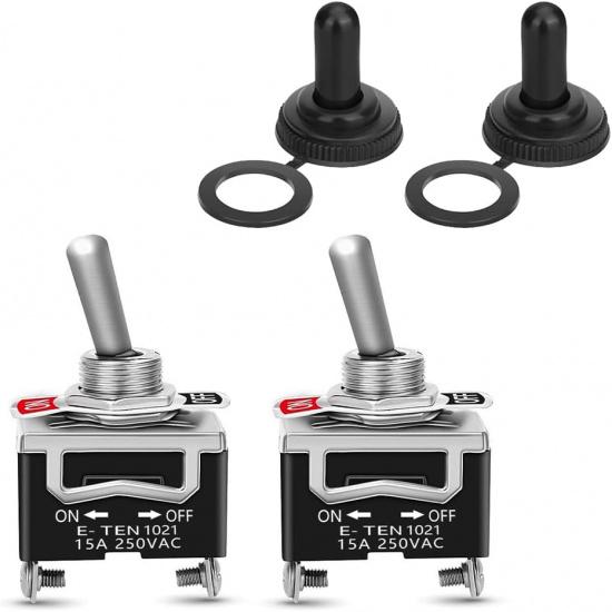 3 Way Toggle Switch, 3 Position ON-OFF-ON, 3 Pin, Black, with 2 Waterproof Boot Caps, 15A 250VAC for Ignition & Pressurization, Universal Fits Car
