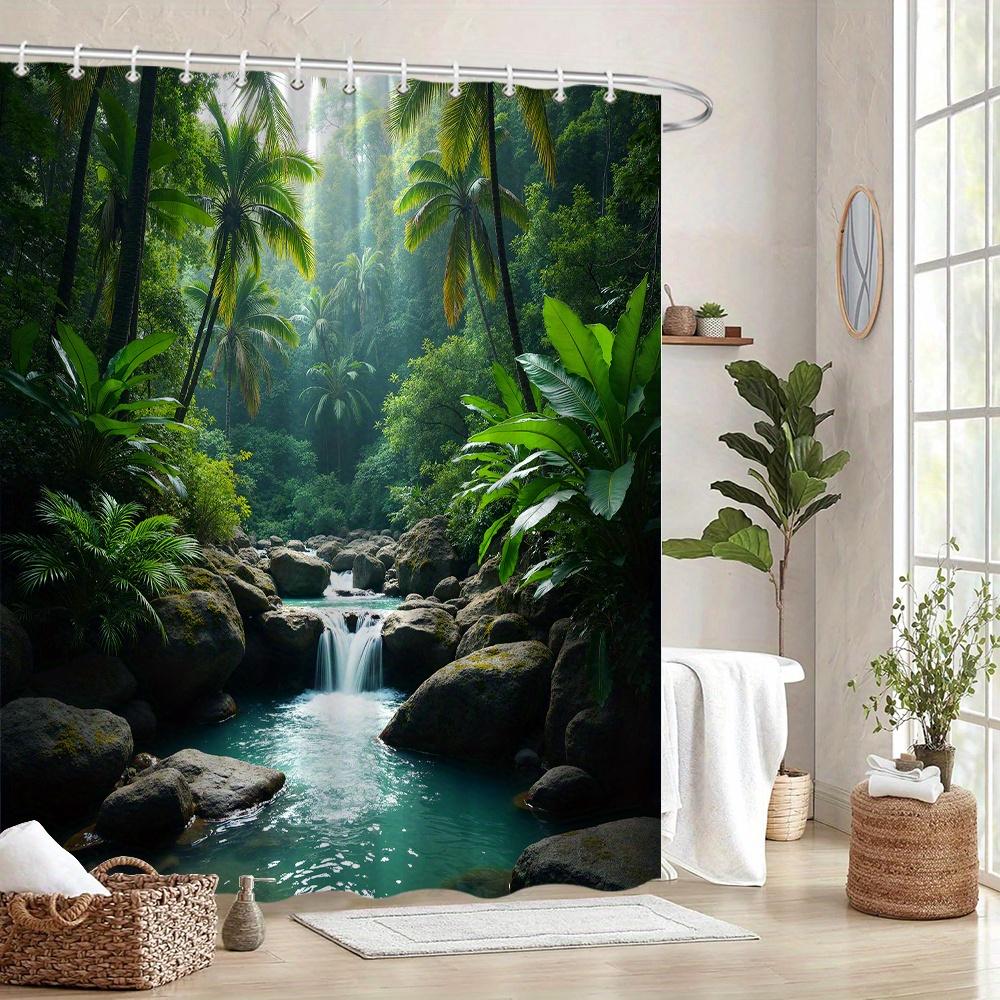 Tropical Paradise Bath Curtain - Lush Palm Trees & Crystal Waterfall, Waterproof Home Decor Adds Exotic Beauty To Your Bathroom