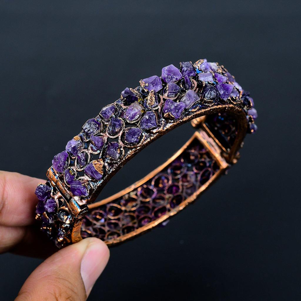 Amethyst Cuff Bracelet Real Gemstone Bangle, Copper Electroformed Bracelet Handmade Jewelry, Adjustable Bangle For Gift Women Jewelry