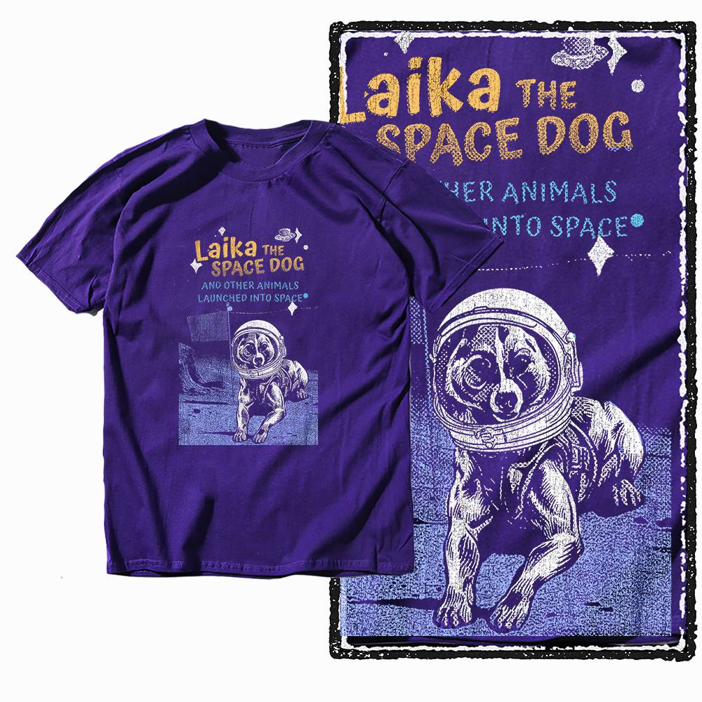 G60 Purple Cotton Men's Big Size Dog Laika GraphicT-shirt | Streetwear Cool Vintage O-neck men's Tee Tshirt
