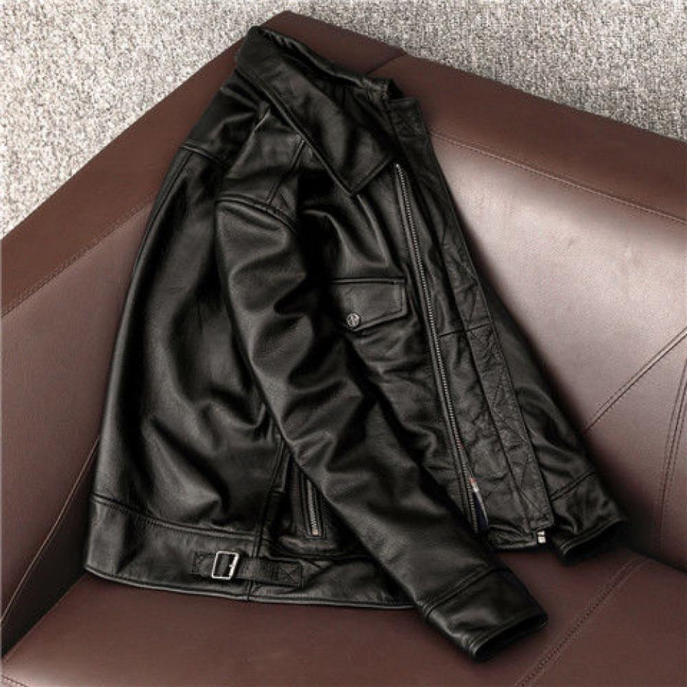 Men's Lapel First-layer Cowhide Jacket Genuine Leather Jacket Men's Short Lapel Motorcycle Style Leather Jacket