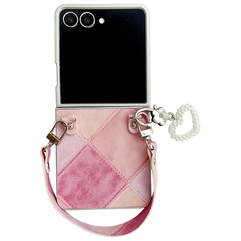 For Samsung Galaxy Z Flip7 5G Case Retro Rhombus PU+PC Phone Cover with Love Pendant and Strap