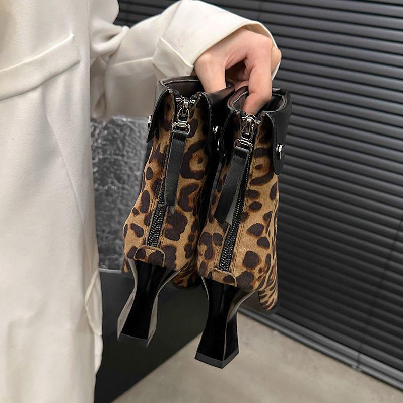 Korean Style Women’s High Heel Suede Boots - Autumn/Winter 2025: Versatile Chunky Heel, Pointed Toe, Leopard Print