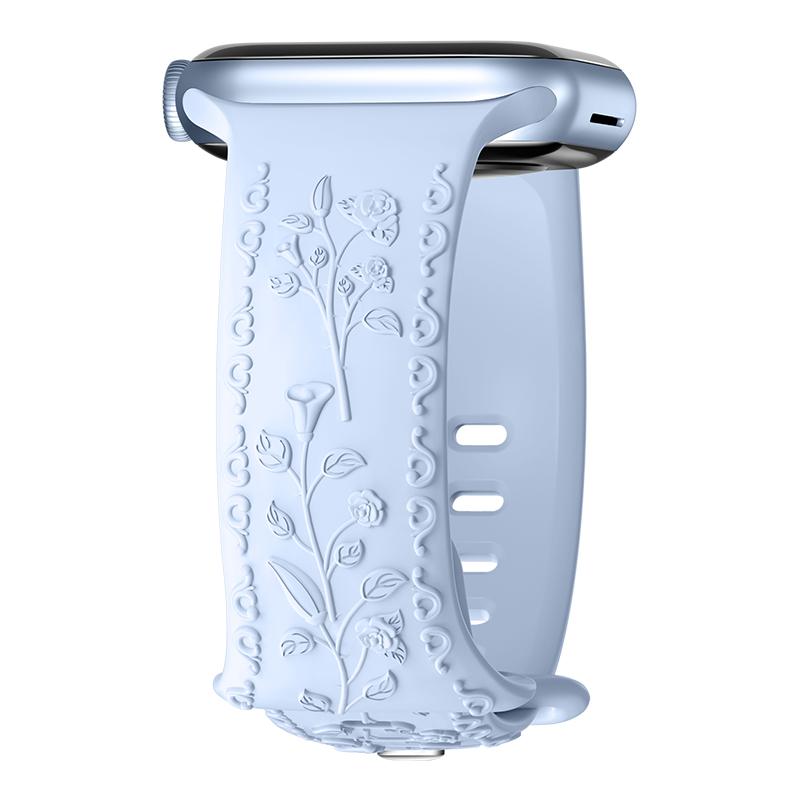 Engraved Strap For Apple Watch Band 42mm 44mm 45mm 41mm 40mm 49mm Silicone Floral Bracelet Correa Series 8 9 7 SE 4 5 6 Ultra 2