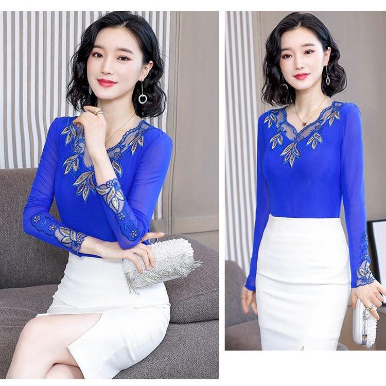 Elegant Lace Long Sleeve Top Women Spring Autumn Slim Fit Sheer Mesh Blouse Fashion Inner Wear