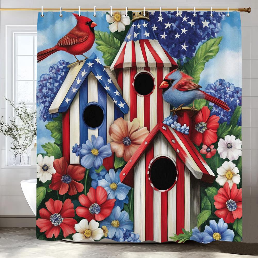 1 Piece Country Farmhouse American style Shower Curtain, Garden Flowers and birds Bathroom Decorative Shower Curtain with Hooks 90x180cm-35x70in