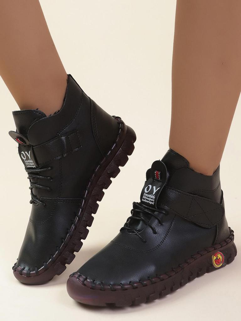 Botines de Invierno Forrados de Felpa para Mujer - Con Cordones, Punta Redonda, Cierre de Velcro, Tallas Grandes