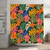Vibrant Tropical Floral Shower Curtain for Bathroom Decor Green Leaves Pink Flowers Printed Fabric Bath Mat with Hooks Size: 69x