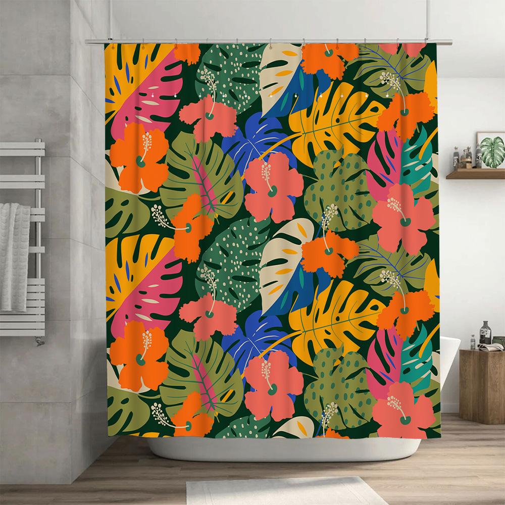 Vibrant Tropical Floral Shower Curtain for Bathroom Decor Green Leaves Pink Flowers Printed Fabric Bath Mat with Hooks Size: 69x