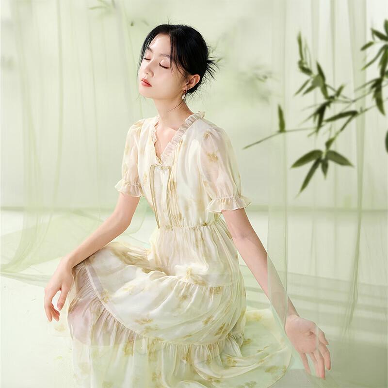 Xiangying New Chinese Style Floral V-Neck Midi Dress M