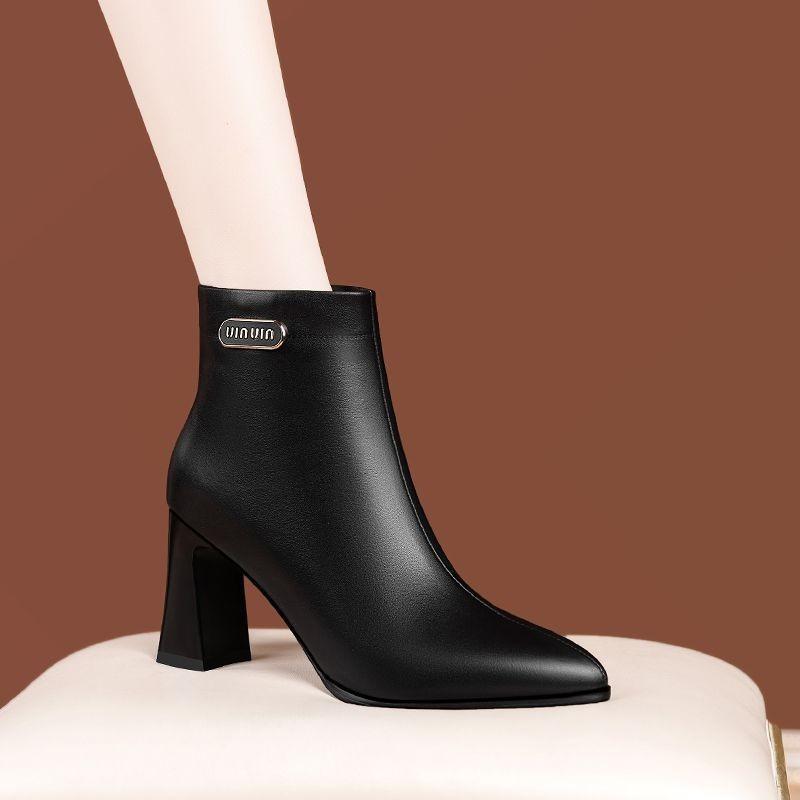 Autumn and Winter New Zipper Pointed Fashion Boots Versatile Martin Boots Women's Shoes High-heeled Leather Boots Women's