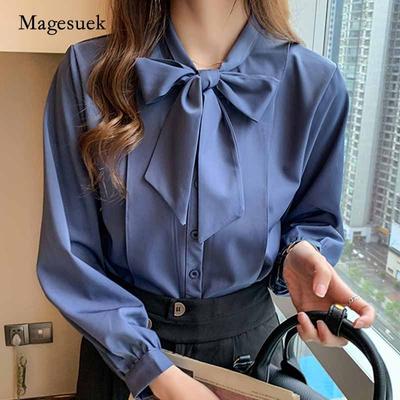 Stil Üst Mavi Fener Uzun Kollu Bayan Bluz Blusa Papyon Bayan Gömlek Sonbahar Tek göğüslü Şifon Gömlek 10693