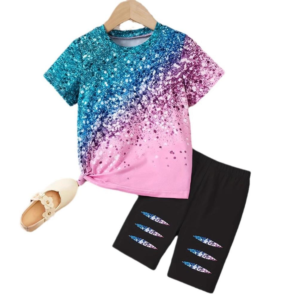 Mädchen Glitzer Party Pailletten Bedruckt Rundhals Kurzarm 2-teiliger Sommer Kinder Freizeitanzug