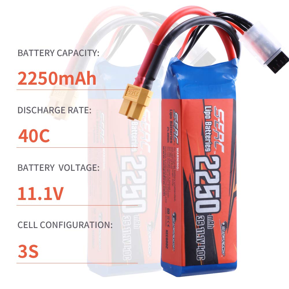 SUNPADOW 3S 11.1V LiPo Pack, 2250mAh 40C with XT60 Plug, for FPV and Drones